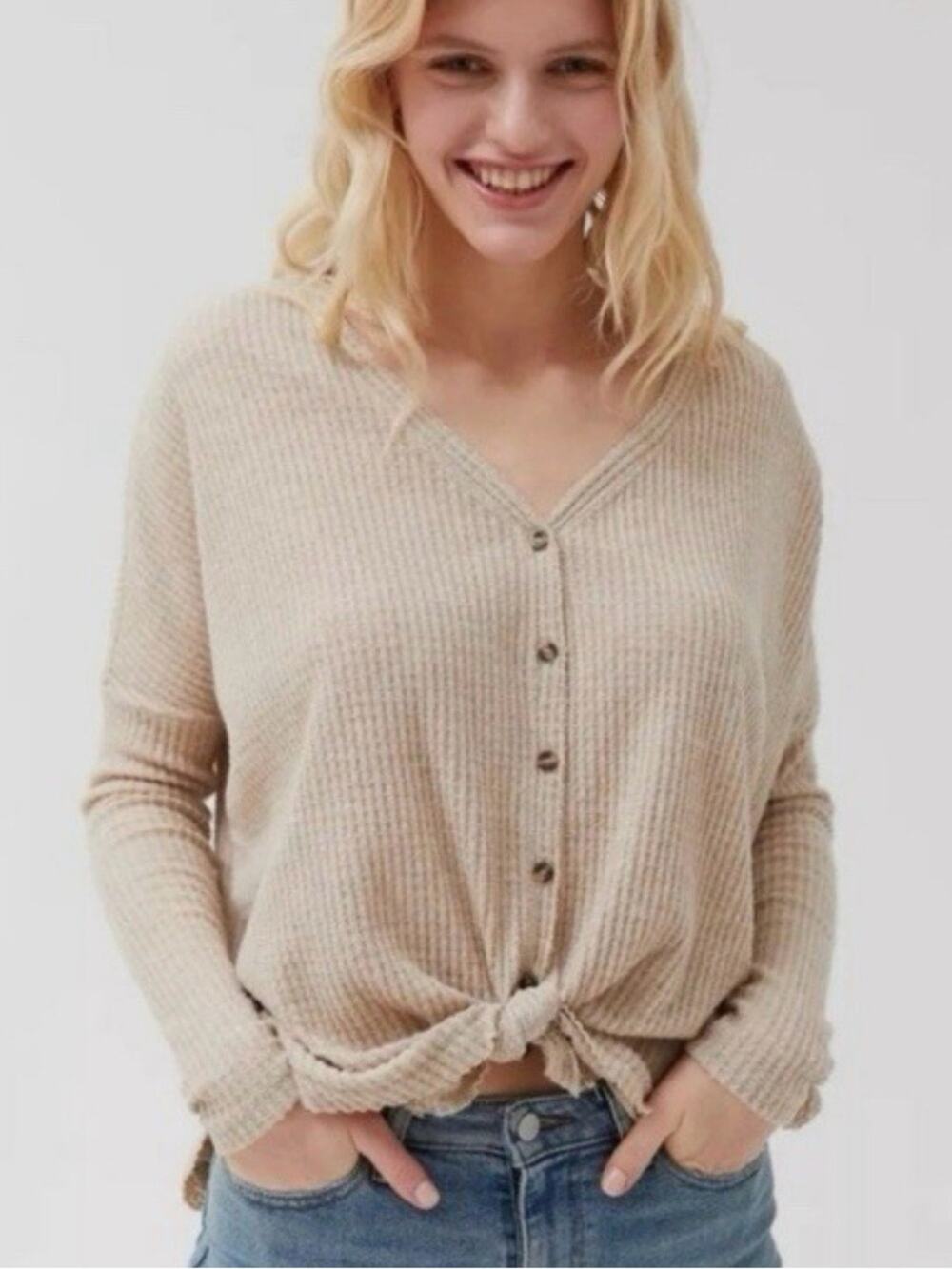 Out From Under by Urban Outfitters Jojo Neutral Beige Waffle Knit Top, Size XS